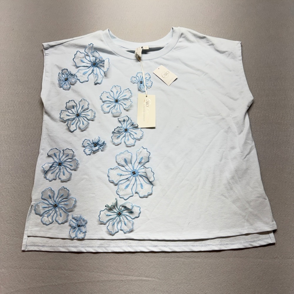 Cato Collection Limited Edition Blue 3D Floral Applique Sleeveless Sweatshirt L